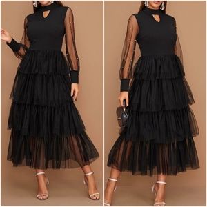 Luxe Black Sheer Sleeve Tiered Evening Party Dress